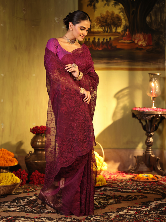 Organza Embroidery Saree With Magenta - 001