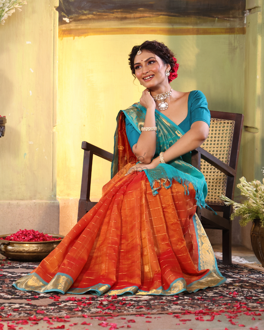 Pure Handloom Korvai Saree | Rust Orange and Peacock Blue