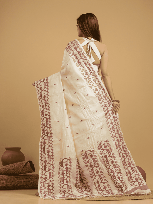 Linen White Tussar Silk Jamdani Saree - 044 - indeloom
