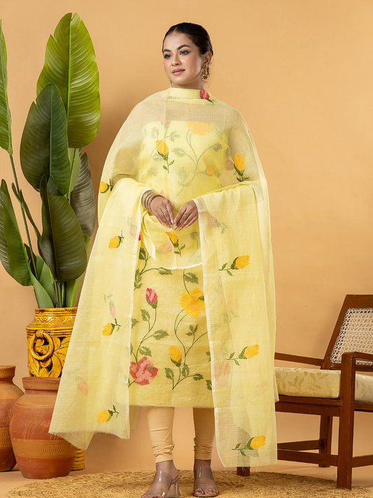 Classic Kota Doria Cotton Unstitched 2-Piece Kurti | Lemon Yellow