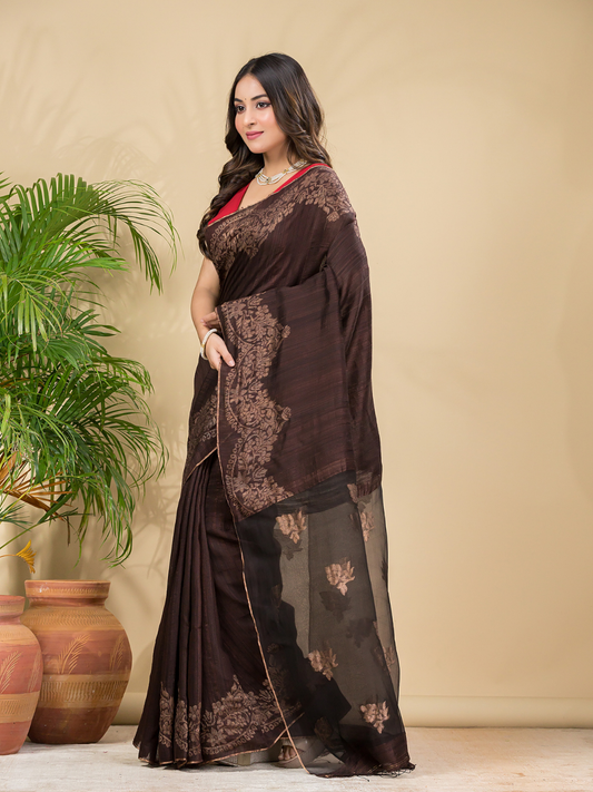Matka Silk Jamdani Saree With Dark Brown - 022