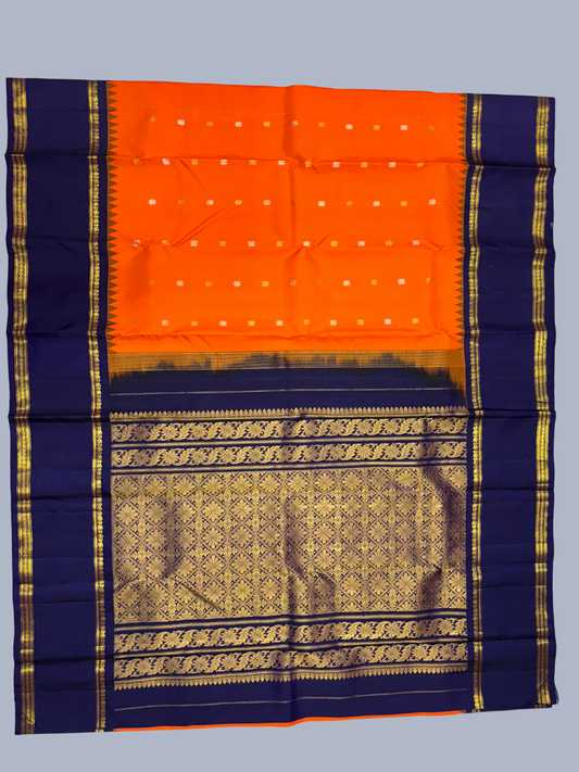 Pure Handwoven Gadwal Silk Saree in Fire Orange - 012