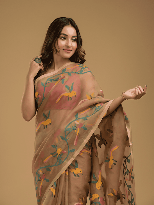 Hand Made Muslin Jamdani Saree With Sand Brown - 021