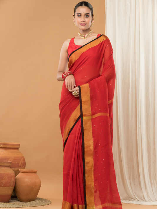 Linen Sequin Jamdani Saree With Apple Red-003