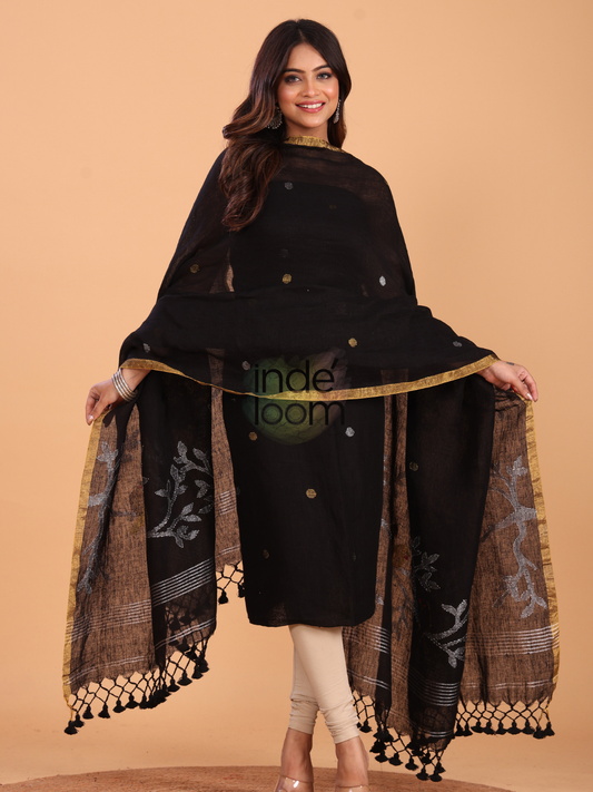 Deep Black | Handloom Jamdani Linen Unstitched 2-Piece Kurti