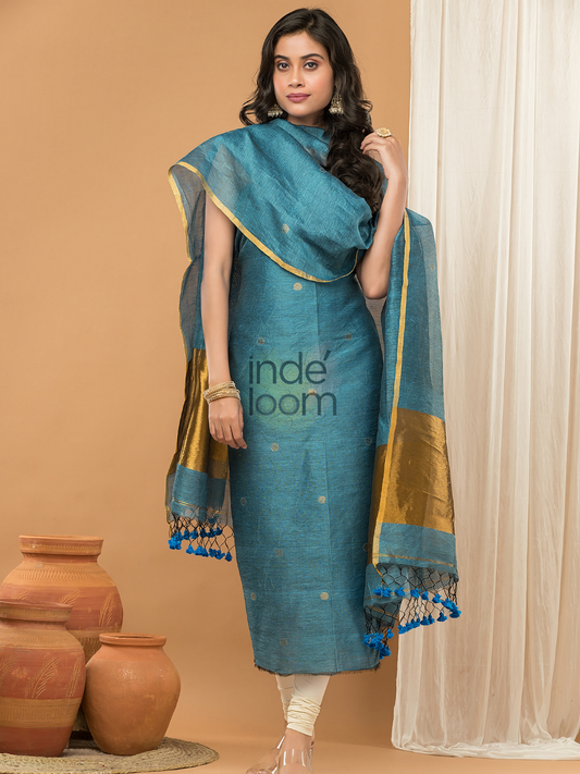 Handwoven Jamdani Linen Unstitched 2-piece Kurti | Peacock Teal