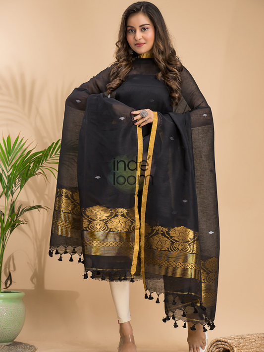 Deep Black | Handloom Jamdani Linen Unstitched 2-Piece Kurti | Benaras Design
