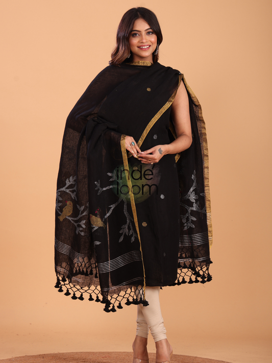 Deep Black | Handloom Jamdani Linen Unstitched 2-Piece Kurti