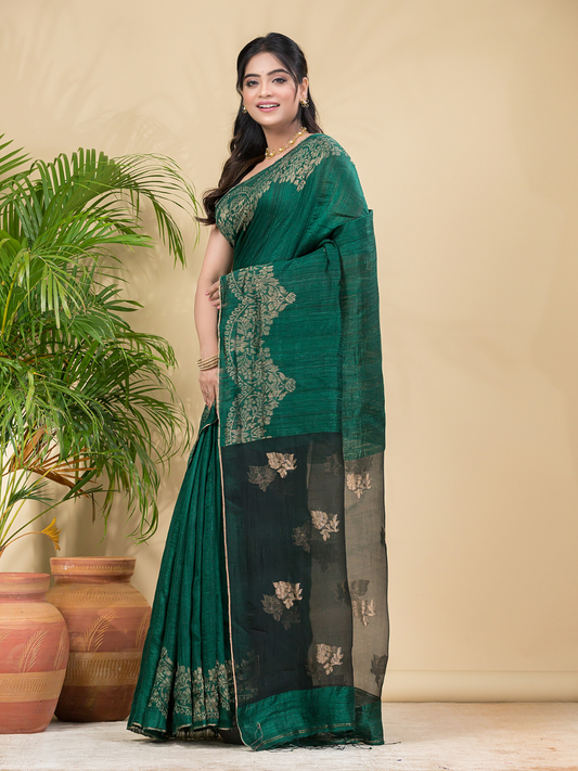 Matka Silk Jamdani Saree With Dark Green - 027