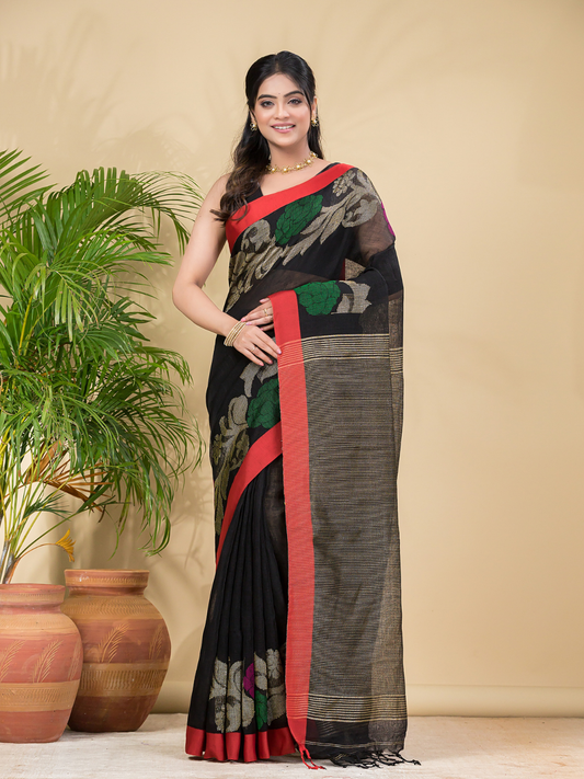 Coal Black Pure Linen Handloom Saree With Florals - 007