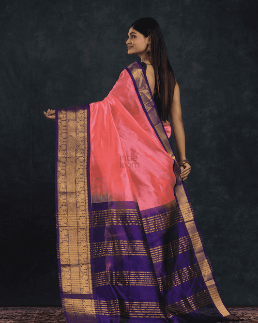 Pure Handloom Korvai Saree | Magenta Pink with Blue