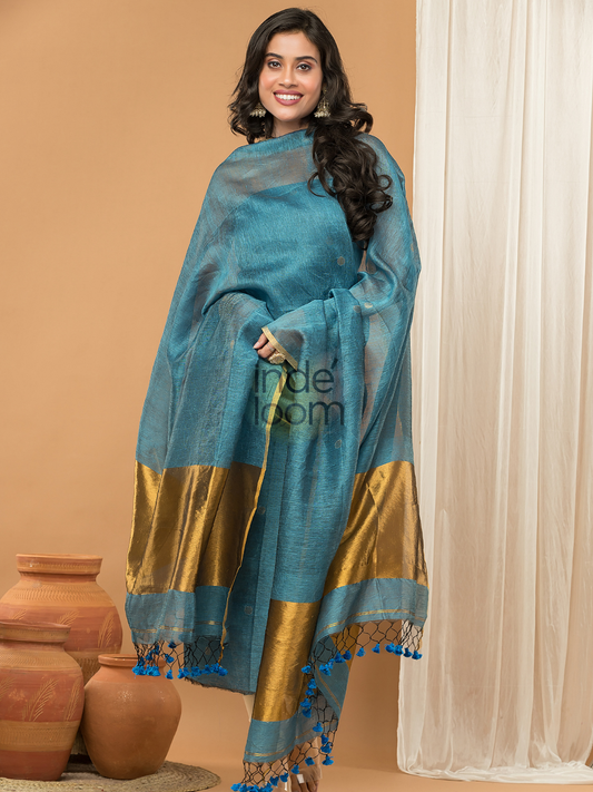 Midnight Teal | Handloom Jamdani Linen Unstitched 2-Piece Kurti