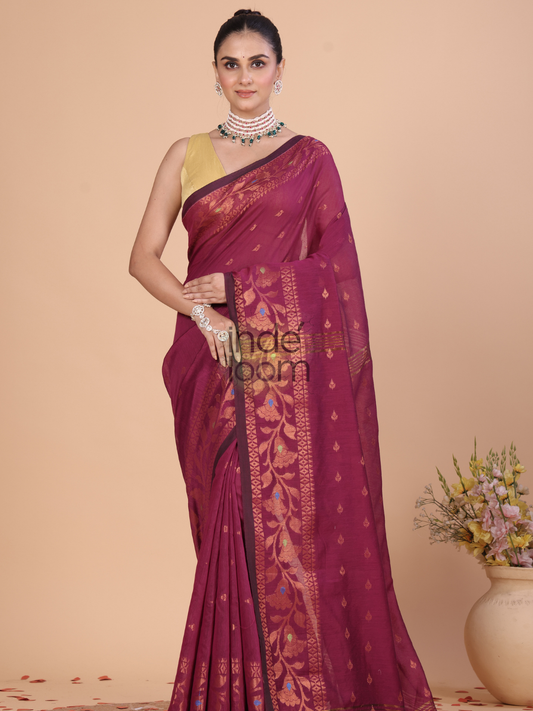 Cotton Silk Jamdani Saree With Wine Red- 129