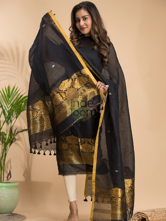 Deep Black | Handloom Jamdani Linen Unstitched 2-Piece Kurti | Benaras Design