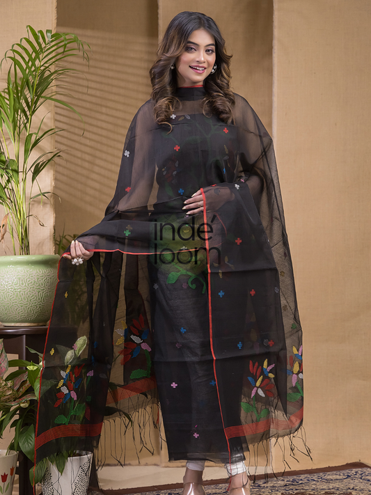 Deep Black | Handloom Jamdani Muslin Unstitched 2-Piece Kurti | Classic Design