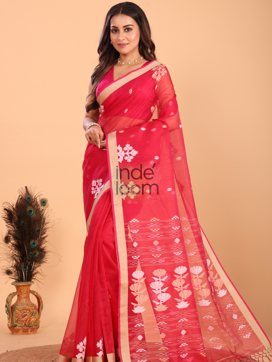 Silk Jamdani Saree With Imperial Red - 151