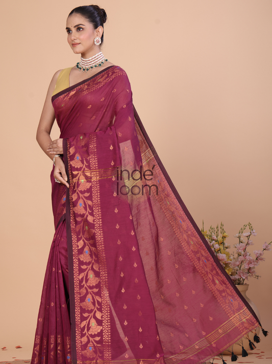 Cotton Silk Jamdani Saree With Wine Red- 129