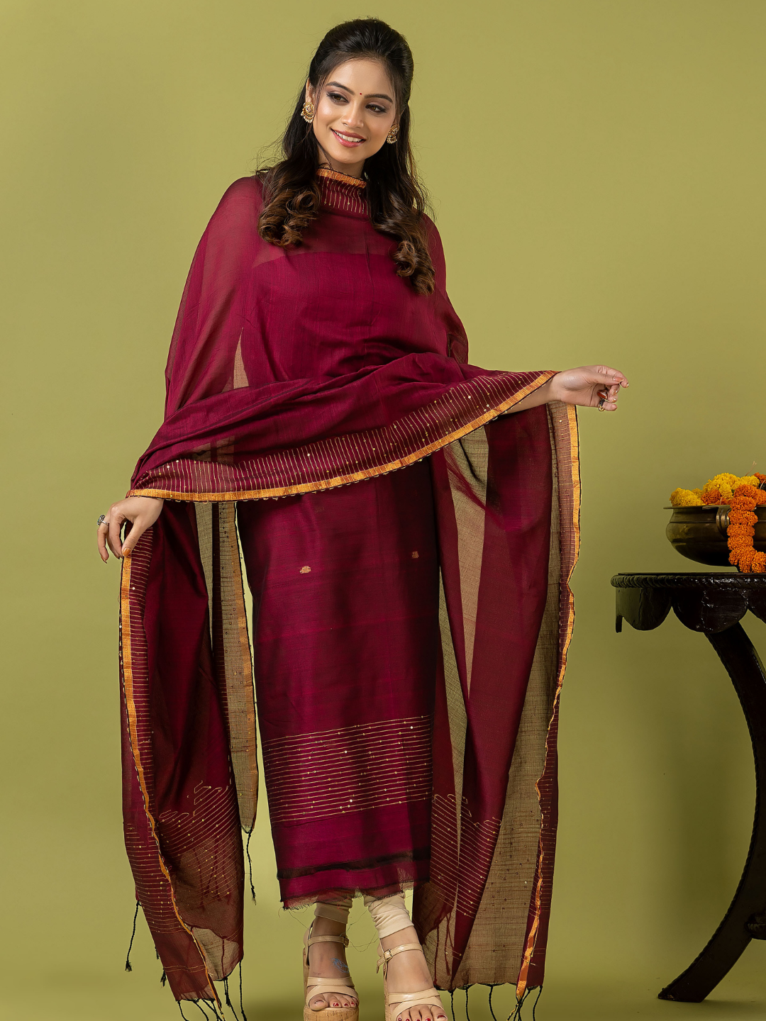 Handwoven Jamdani cotton Unstitched 2-piece Kurti | Wine Red