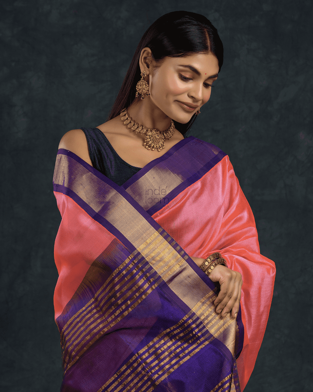 Pure handloom Korvai Silk Cotton Saree in Magenta Pink with Purple Border - 002