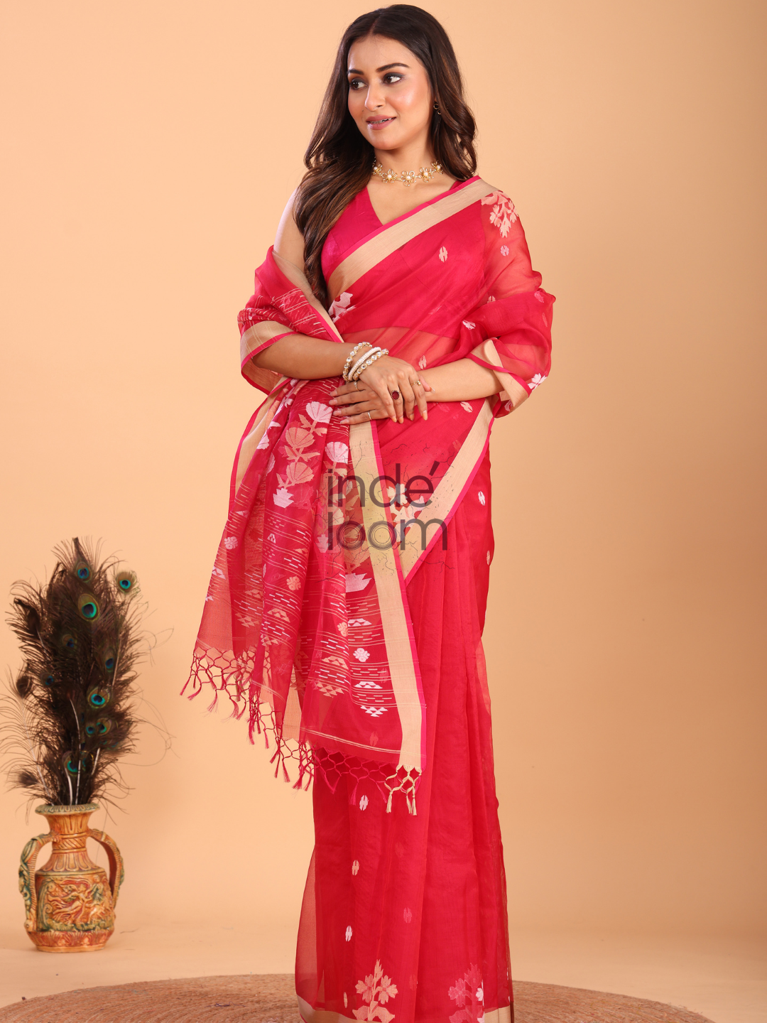 Silk Jamdani Saree With Imperial Red - 151