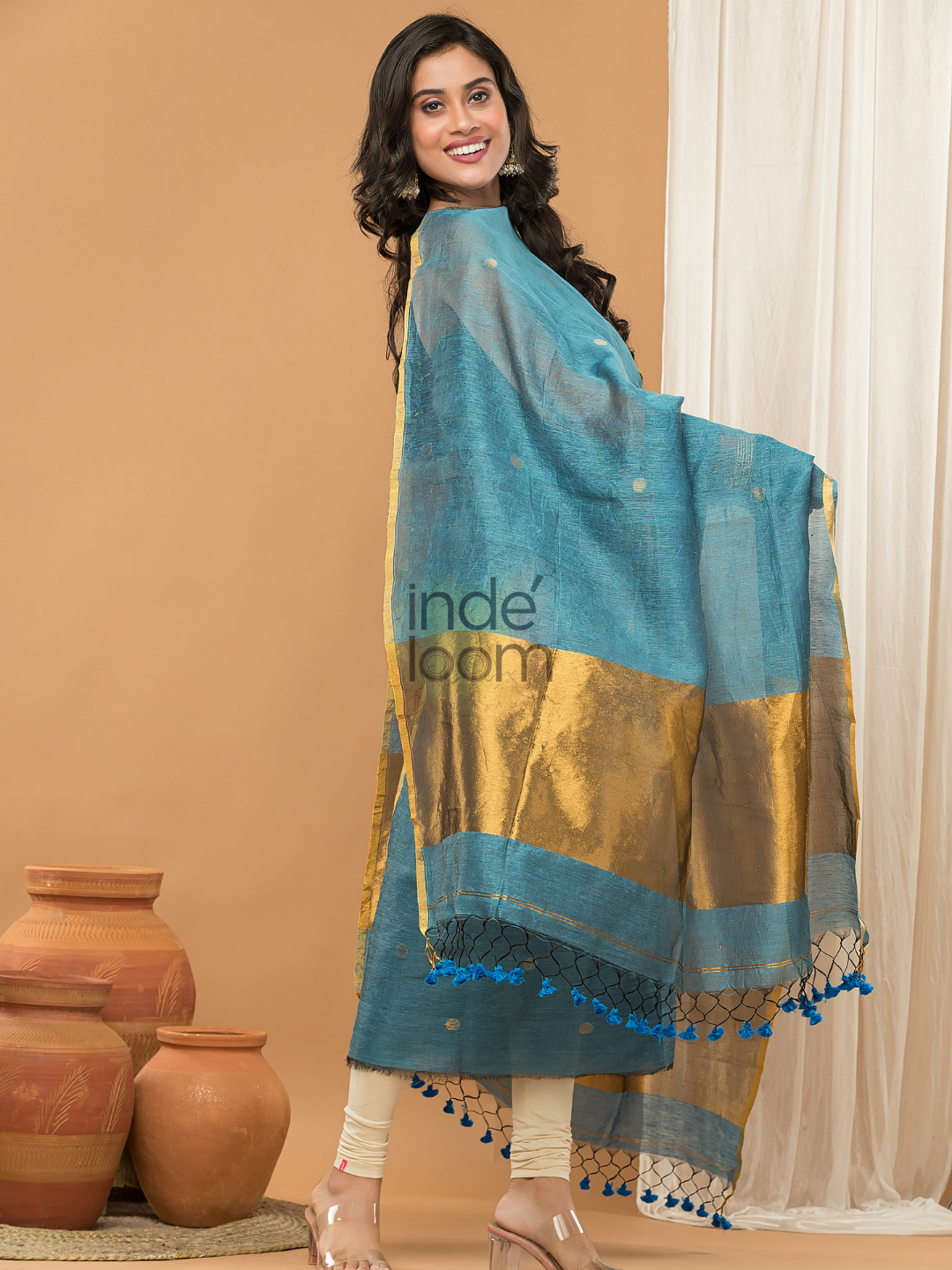 Midnight Teal | Handloom Jamdani Linen Unstitched 2-Piece Kurti