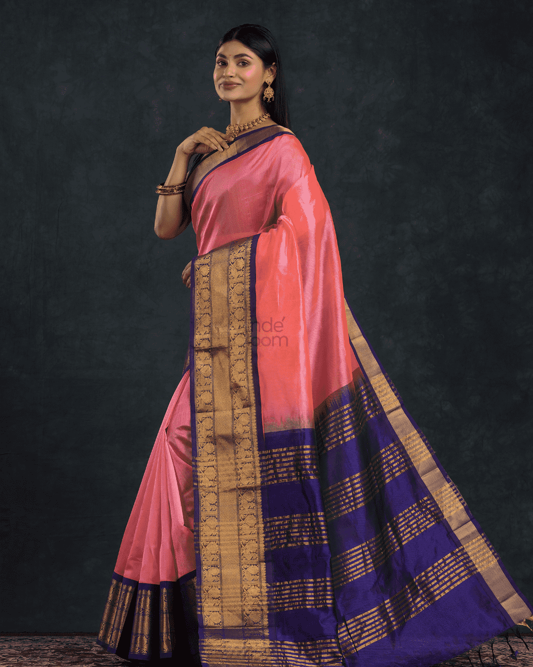 Pure handloom Korvai Silk Cotton Saree in Magenta Pink with Purple Border - 002