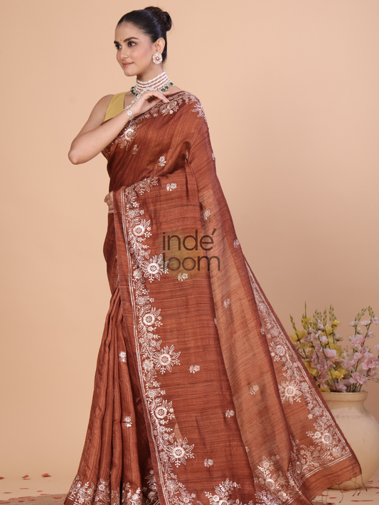 Cotton Silk Jamdani Saree With Red Brown- 130