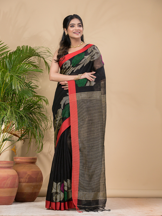 Coal Black Pure Linen Handloom Saree With Florals - 007