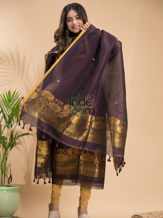 Vintage Grape | Handloom Jamdani Linen Unstitched 2-Piece Kurti | Benaras Design
