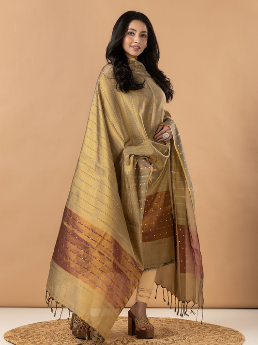 Handwoven Jamdani Muslin Unstitched 2-Piece Kurti | Champagne Beige