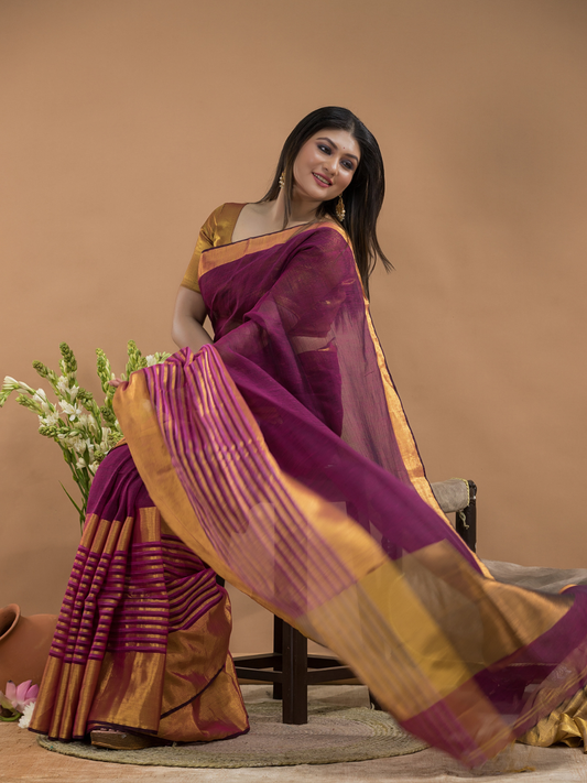 Tissue Silk Saree In Brick Red and Golden Border - 030