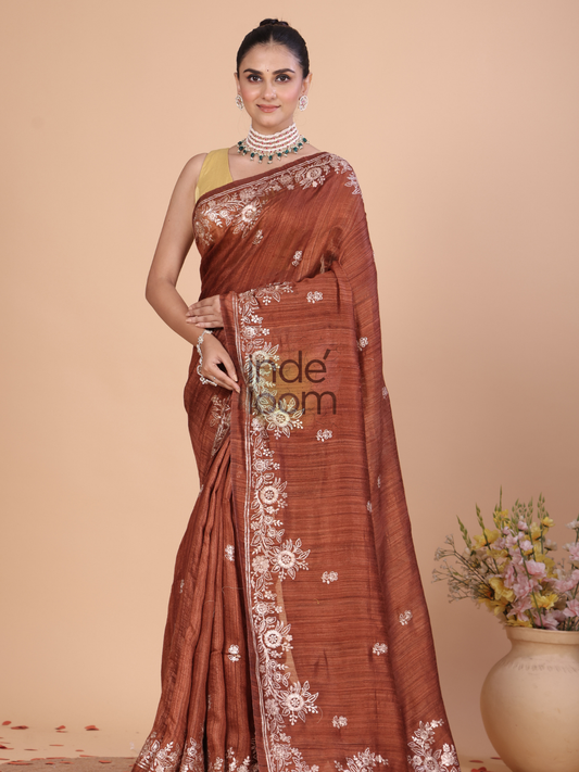 Cotton Silk Jamdani Saree With Red Brown- 130