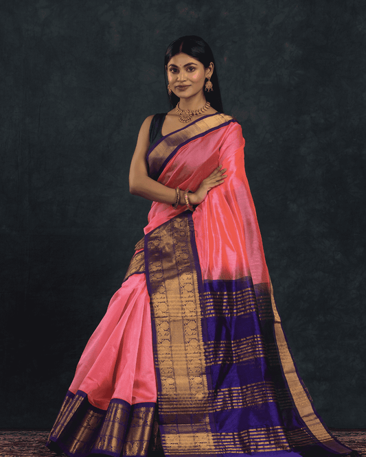 Pure Handloom Korvai Saree | Magenta Pink with Blue