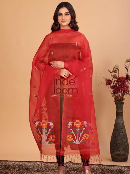 Pure Handloom Muslin Jamdani Dupatta With Clasic Red - 039