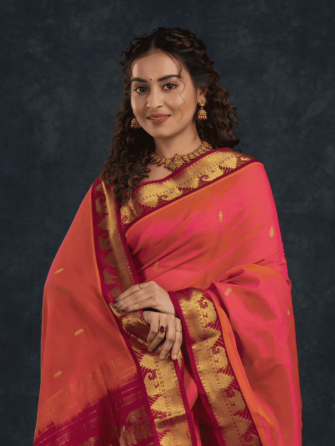 Pure handloom Korvai Silk Cotton Saree in Coral Pink Golden Pallu - 022