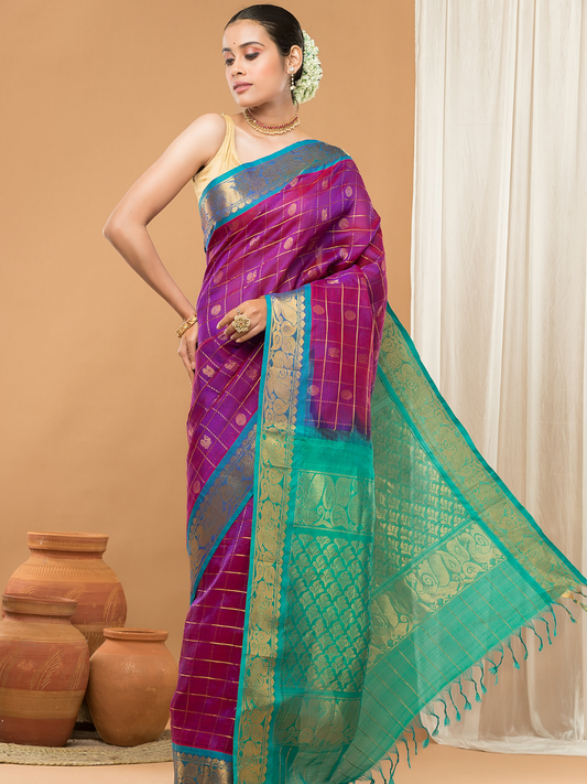 Pure Handloom Korvai Saree | Orchid Purple Cyan Blue