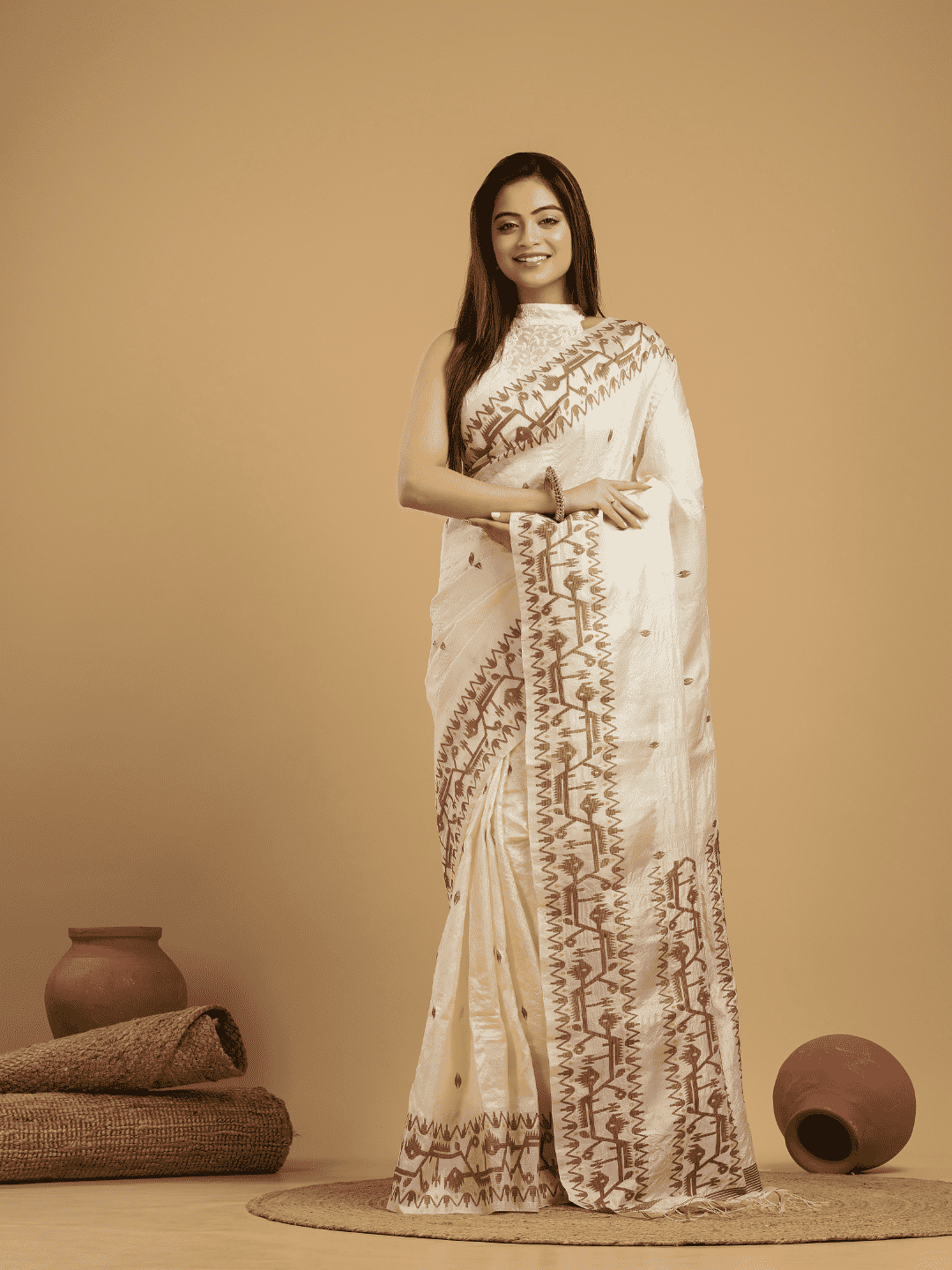 Linen White Tussar Silk Jamdani Saree - 044 - indeloom