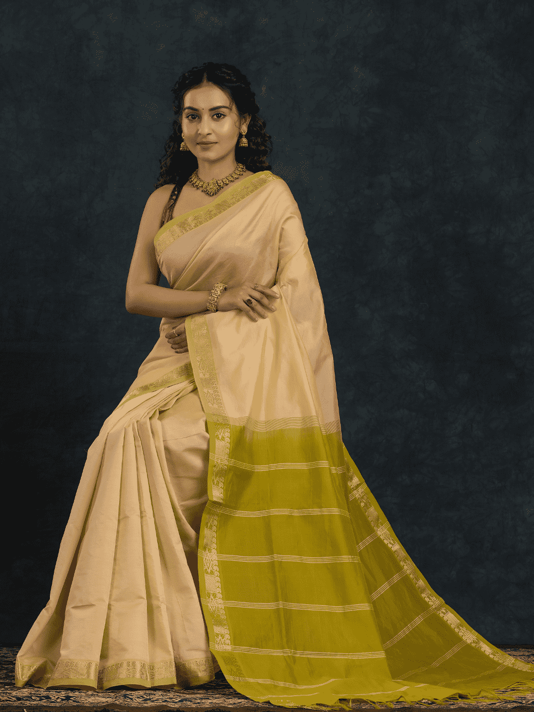 Pure Handloom Korvai Silk Cotton Saree in Golden Olive Elegance and rich cream - 146