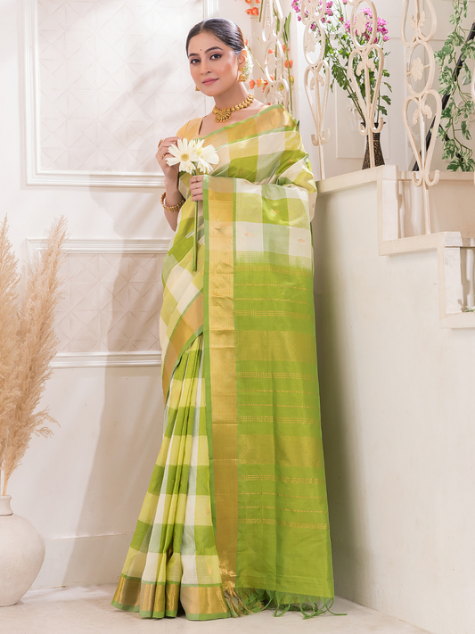 Pure Handloom Korvai Saree | Zari Checks | White and Green