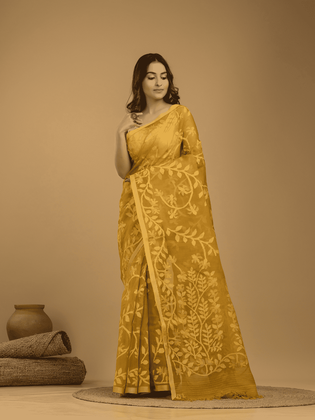 Jamdani Saree With Golden Yellow - 02 - indeloom