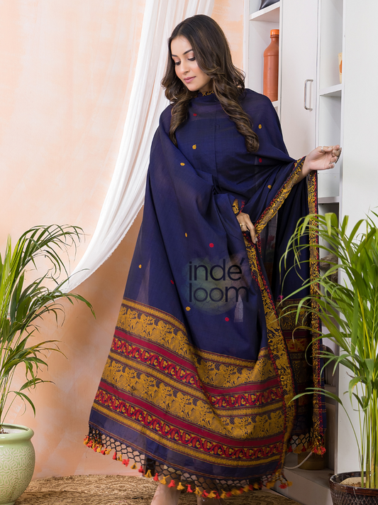 Midnight Blue | Handloom Jamdani Muslin Unstitched 2-Piece Kurti | Baluchari Design