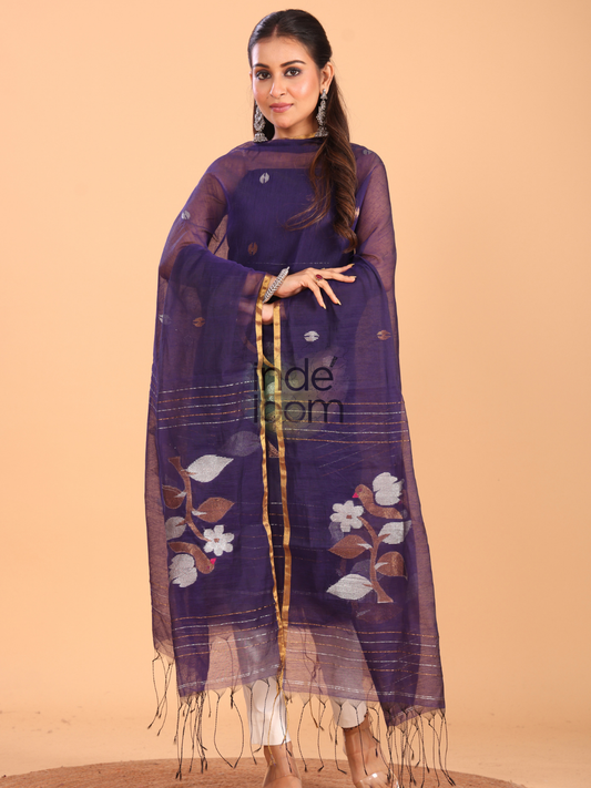 Midnight Plum | Handloom Jamdani Muslin-Tissue Unstitched 2-Piece Kurti