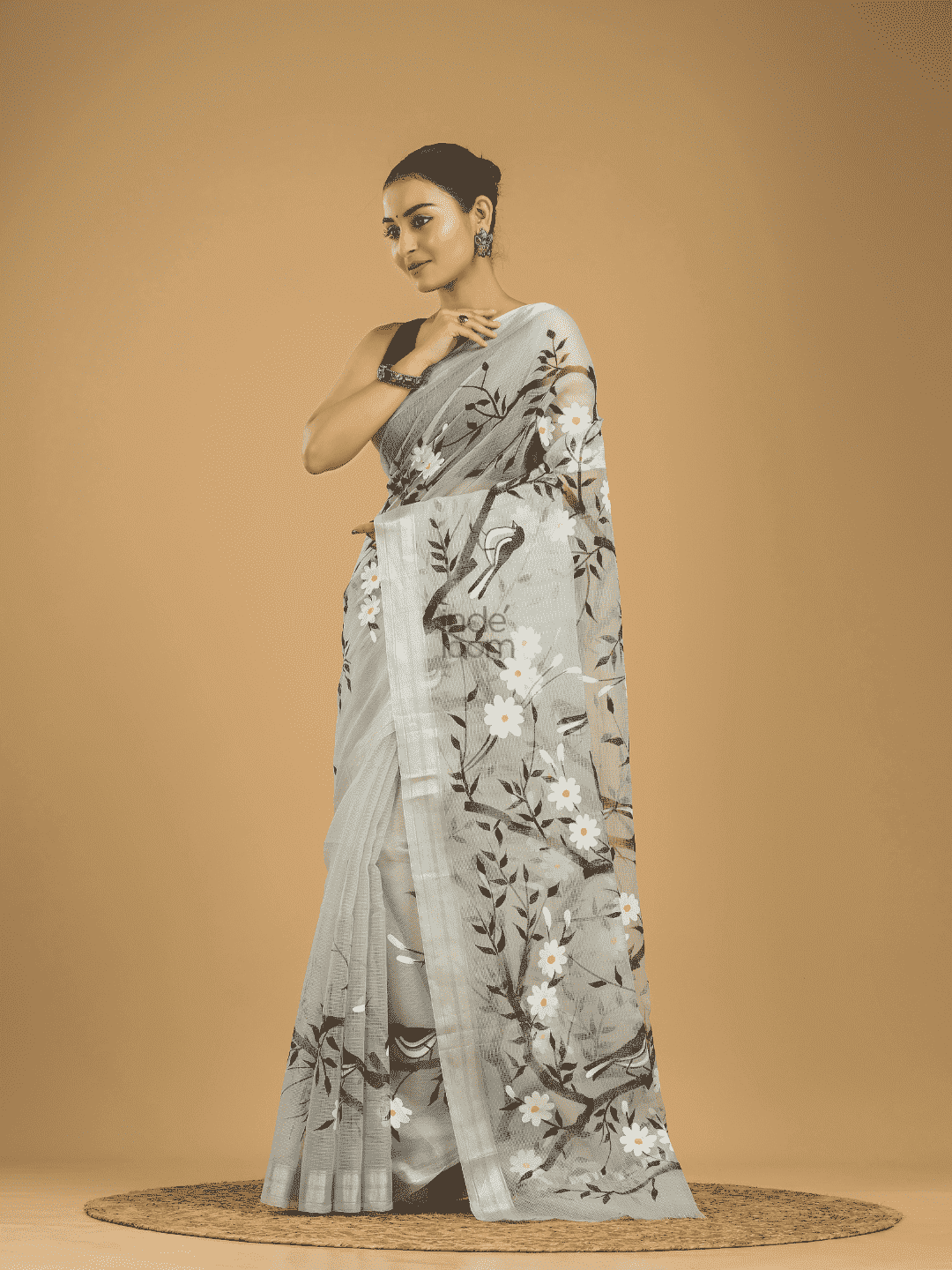 Kota Doria Handpainted Saree With Space Black - 002 - indeloom