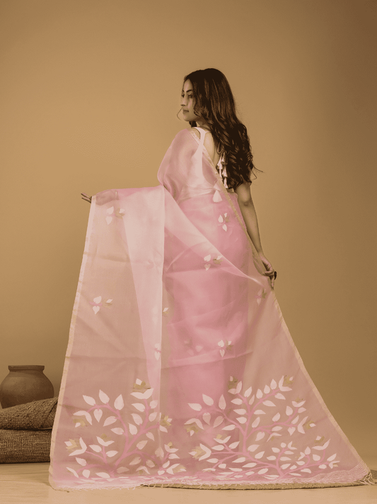 Jamdani Saree With Rose Pink - 023 - indeloom