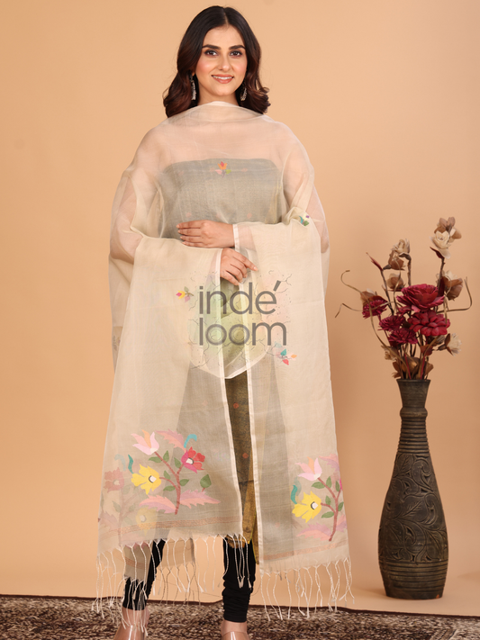 Pure Handloom Muslin Jamdani Dupatta With Light Brown - 038