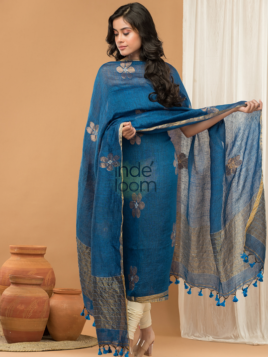 Royal Navy Blue | Handloom Jamdani Linen Unstitched 2-Piece Kurti