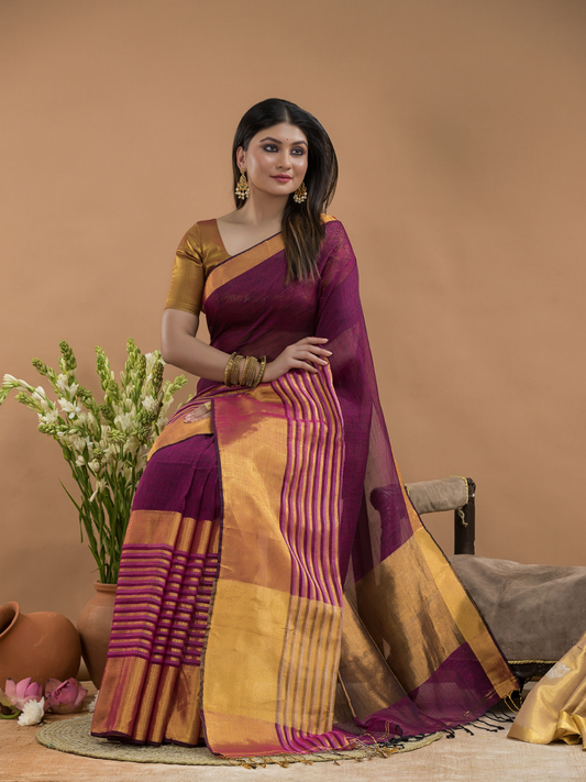 Tissue Silk Saree In Brick Red and Golden Border - 030
