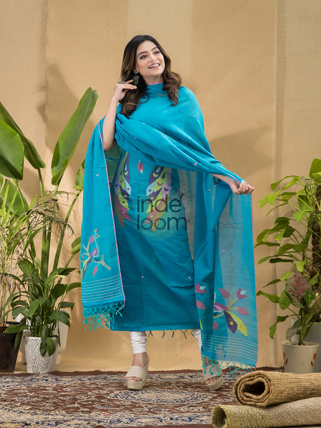 Aqua Blue Jamdani 2-Piece Set Kurti & Dupatta (UNSTITCHED) -725