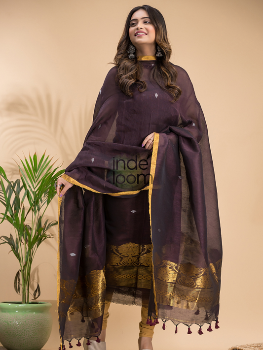 Vintage Grape | Handloom Jamdani Linen Unstitched 2-Piece Kurti | Benaras Design