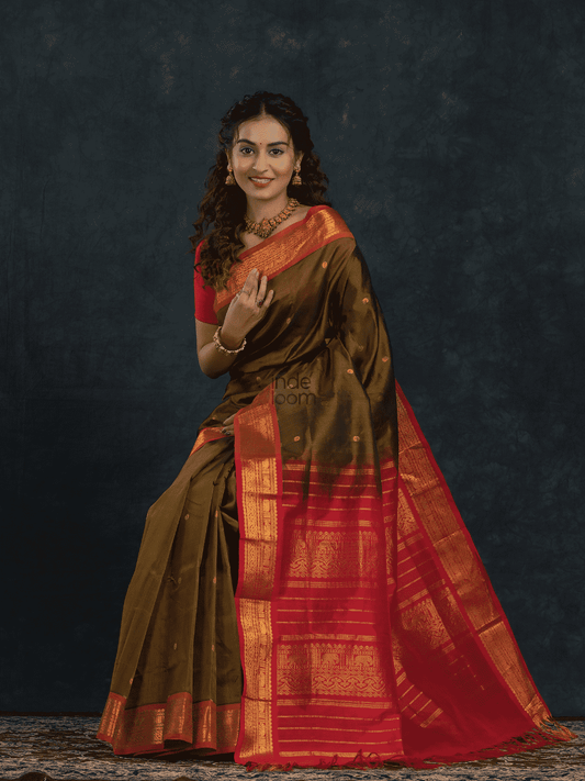 Pure Handloom Korvai Saree | Forest Green and Golden Red